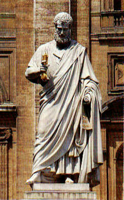 Statue of St. Peter holding a key and a scroll [in front of St. Peter's Basilica in Rome; by Giuseppe de Fabris, 1860]